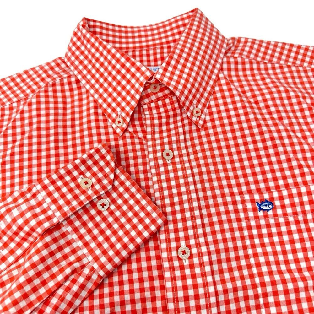 SOUTHERN TIDE SkipJack Dress Shirt Salmon Check Classic Fit Stretch Mens Medium
